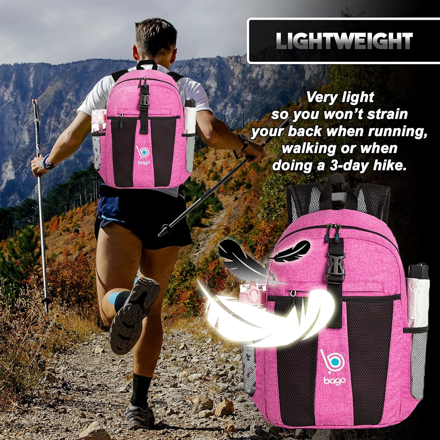 Lightweight Backpack for Hiking for Women and Men | 25L Travel Day Pack | Snow Pink