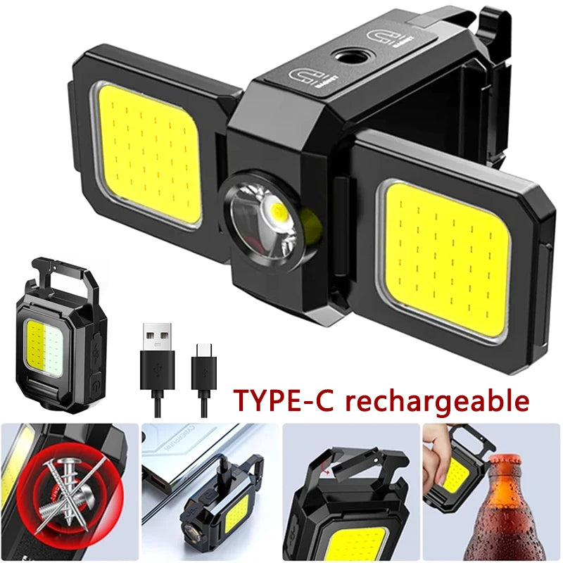 Mini Rechargeable Keychain Flashlight – 1000LM COB Work Light with Magnet, Bottle Opener & Foldable Design