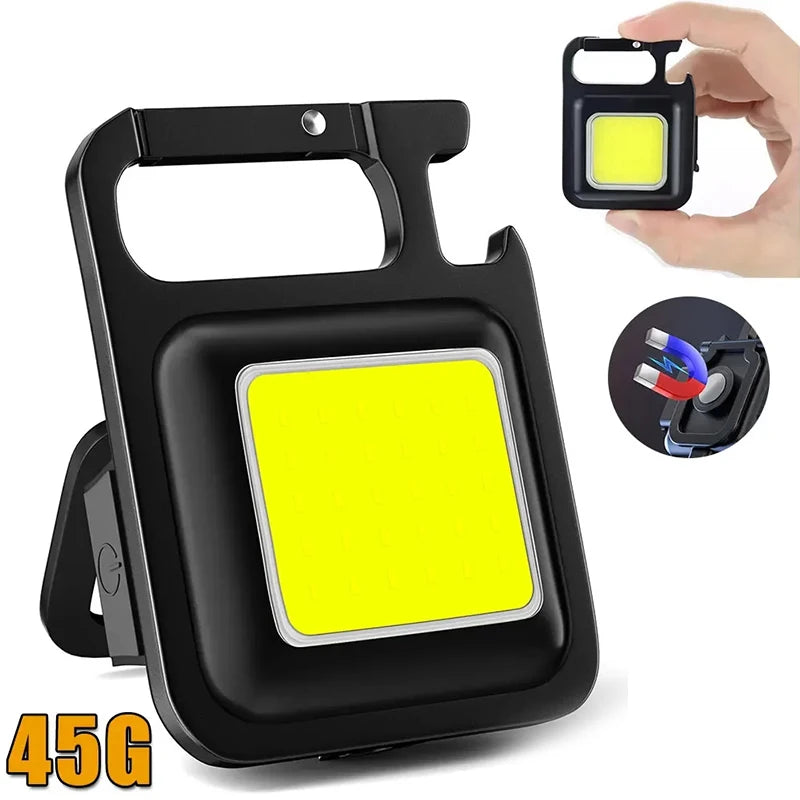 Mini Rechargeable Keychain Flashlight – 1000LM COB Work Light with Magnet, Bottle Opener & Foldable Design