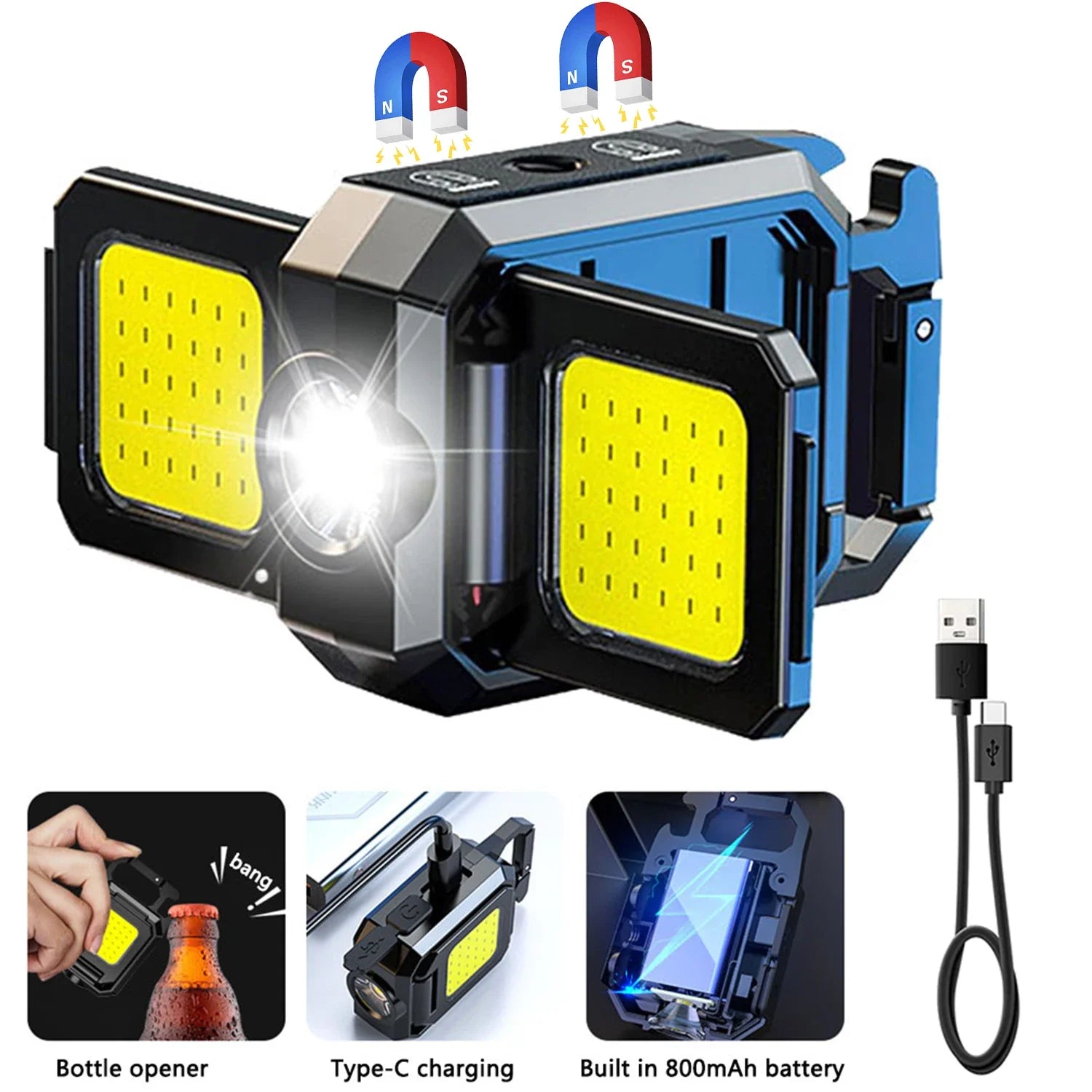 Mini Rechargeable Keychain Flashlight – 1000LM COB Work Light with Magnet, Bottle Opener & Foldable Design