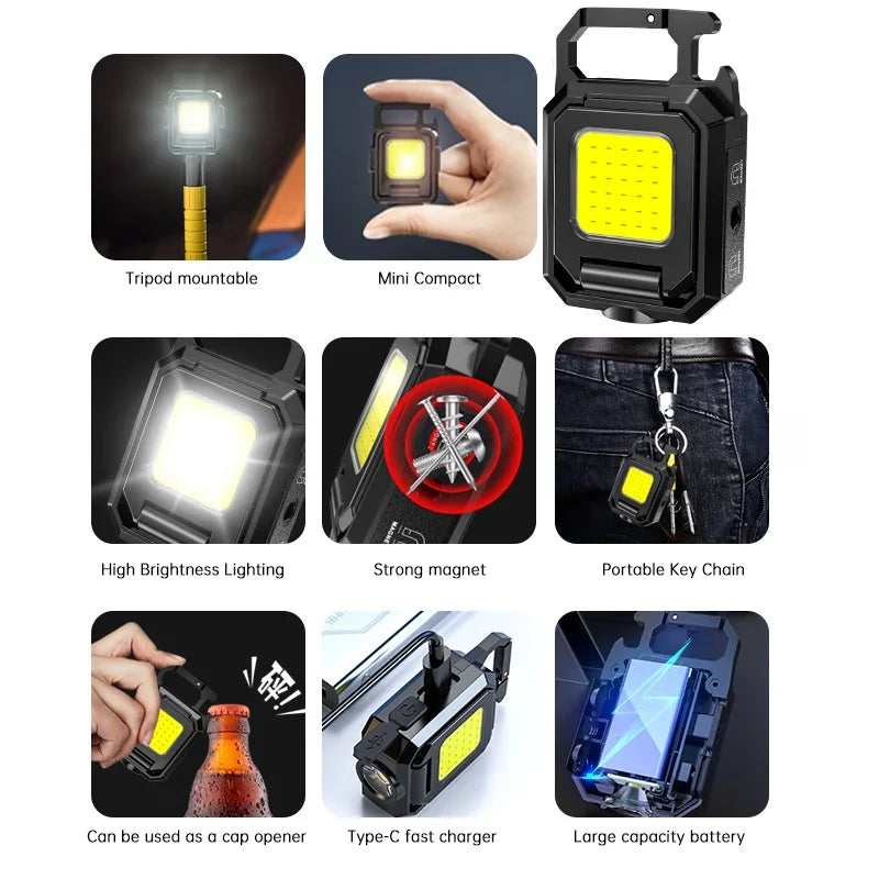 Mini Rechargeable Keychain Flashlight – 1000LM COB Work Light with Magnet, Bottle Opener & Foldable Design